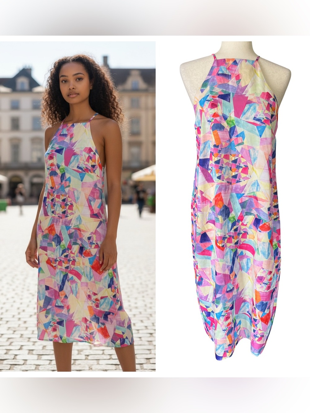 Nasty Gal midi dress features a vibrant multicolor abstract print